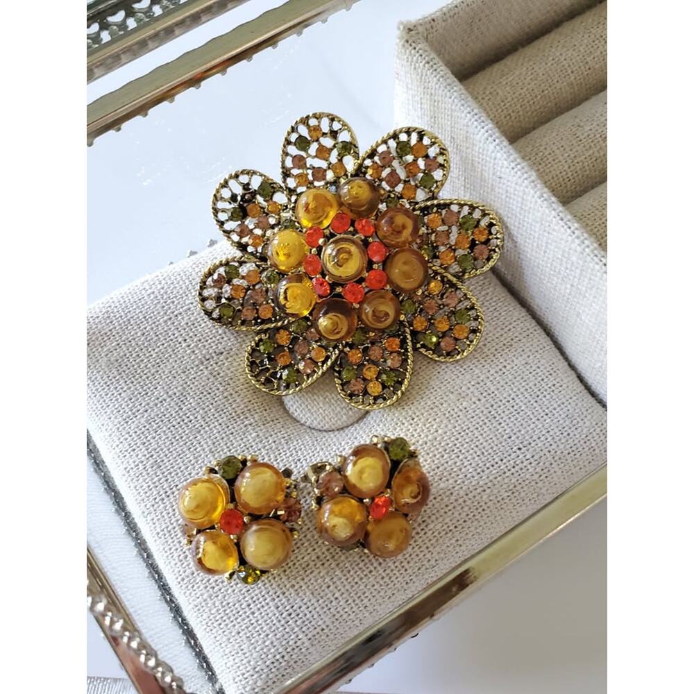 Vintage Orange and Yellow Bead Filigree Brooch & Earring Set